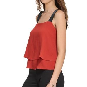 DKNY Burnt Red Textured Contrast Strap Foldover Tank Top | XL